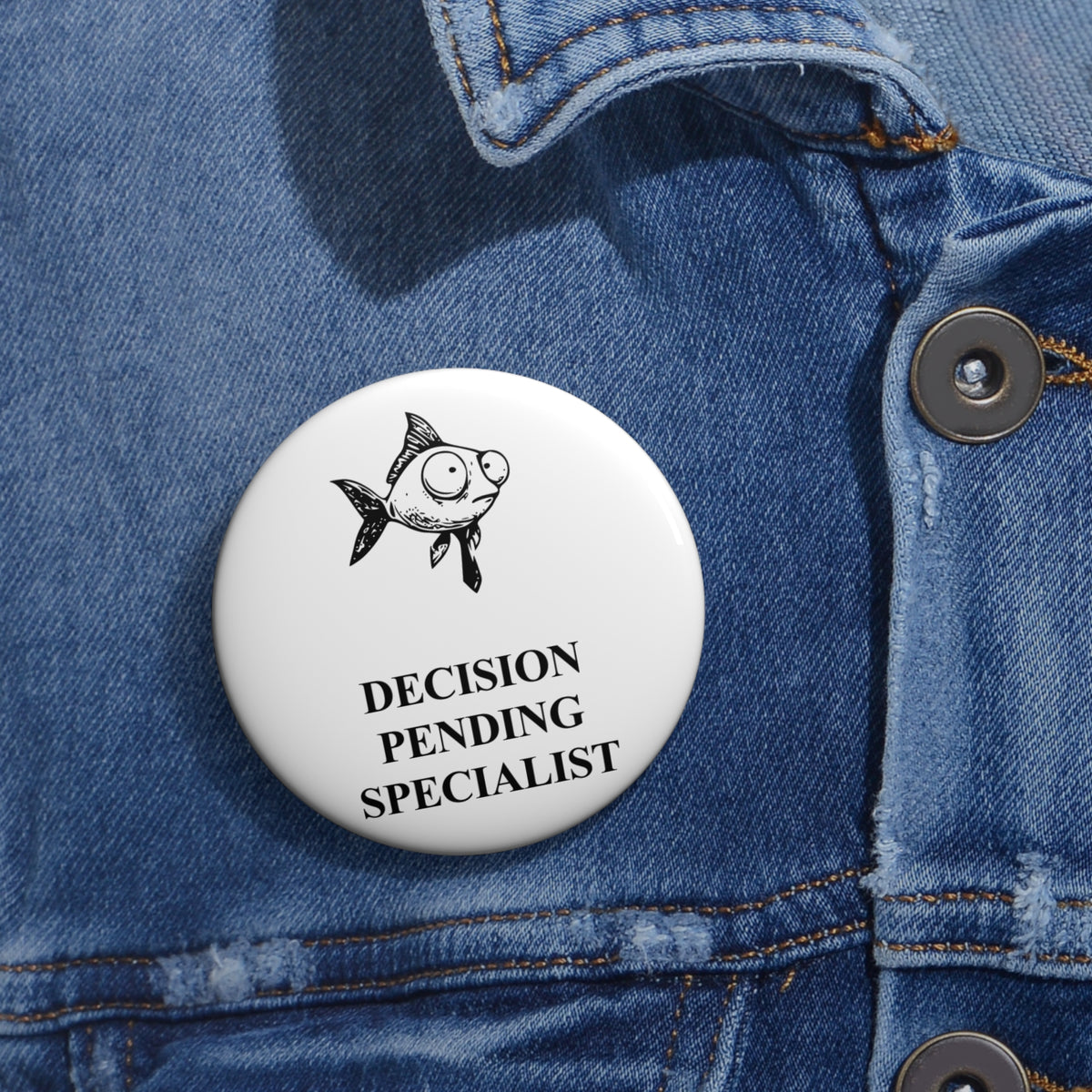 Difficult Goldfish award badge, one 2.25-inch badge shown on denim