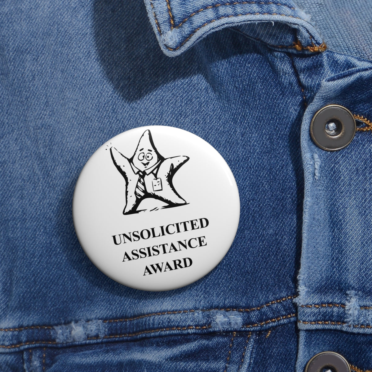 Oops Starfish award badge, one 2.25-inch badge shown on denim
