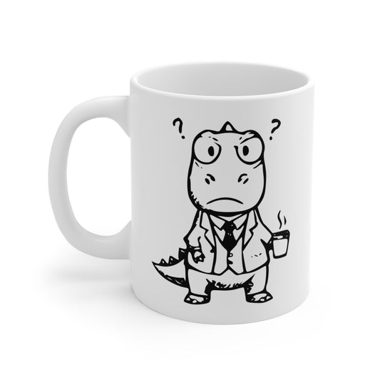 White 11oz The Executive T-Rex mug, complete character-facing view with handle on the left.