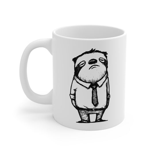 White 11oz The Approval Sloth mug, complete character-facing view with handle on the left.