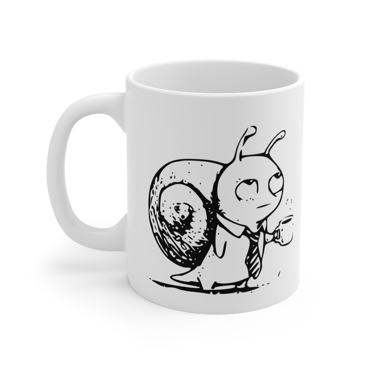 White 11oz The Corporate Snail mug, complete character-facing view with handle on the left.