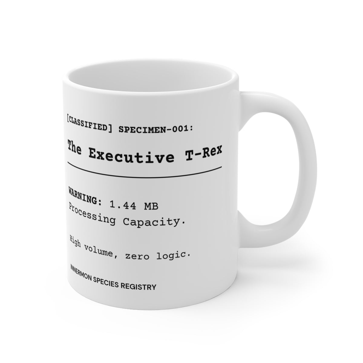 The Species File text on the reverse of the white 11oz The Executive T-Rex mug, handle on the right.