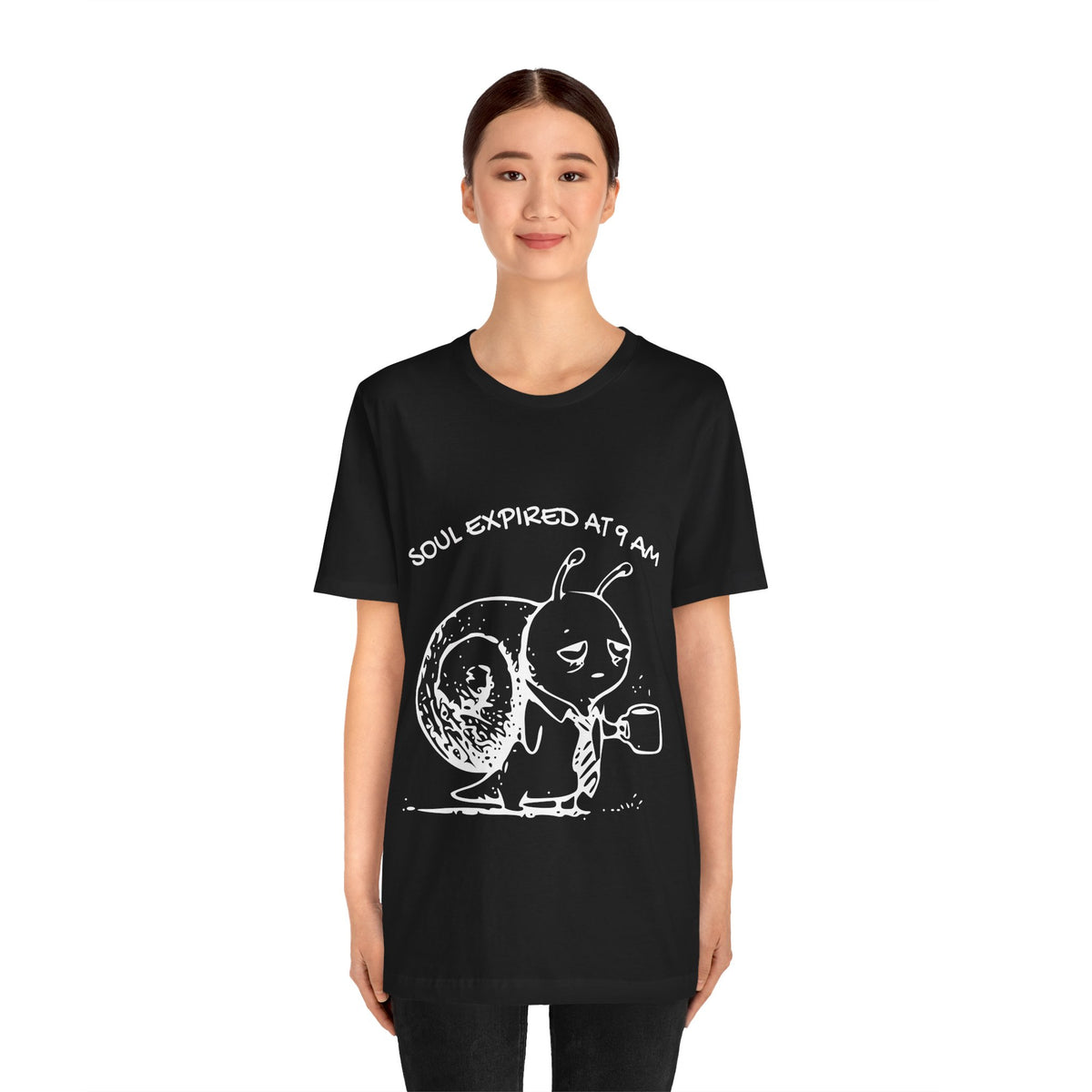Model wearing the black Soul Expired at 9 AM Snail T-shirt, showing the front graphic and garment fit.