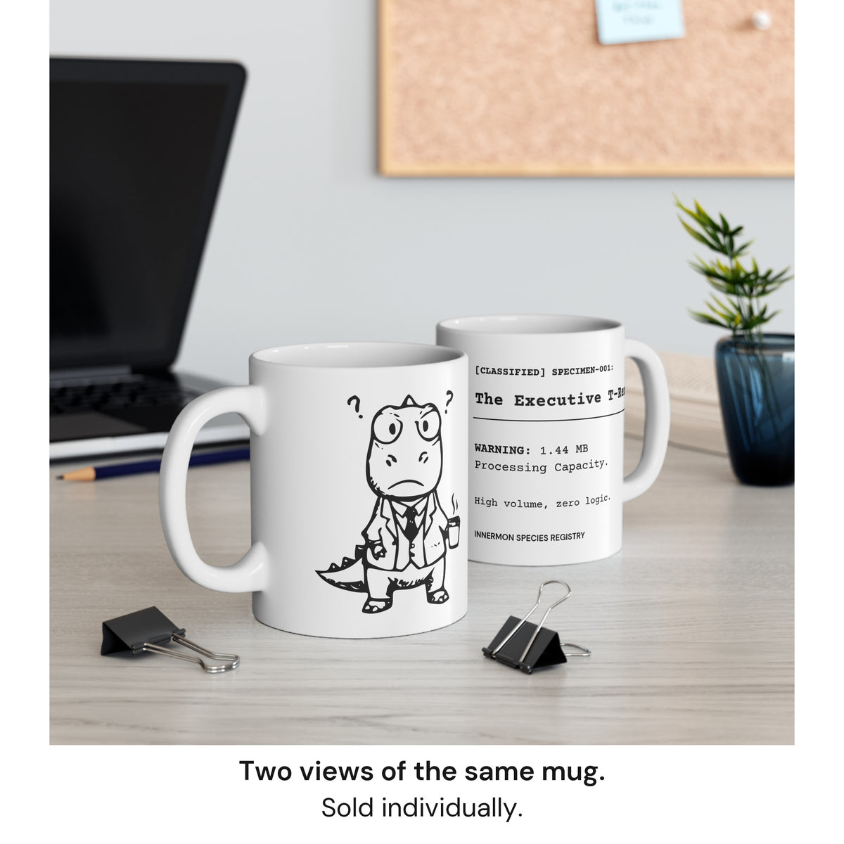 Two views of the same Executive T-Rex mug on a desk beside a laptop and plant. Sold individually; scene props are not included.