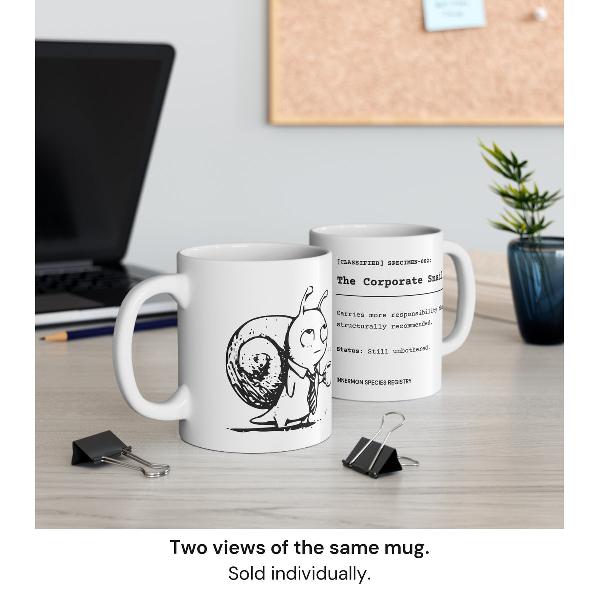 Two views of the same Corporate Snail mug on a desk beside a laptop and plant. Sold individually; scene props are not included.