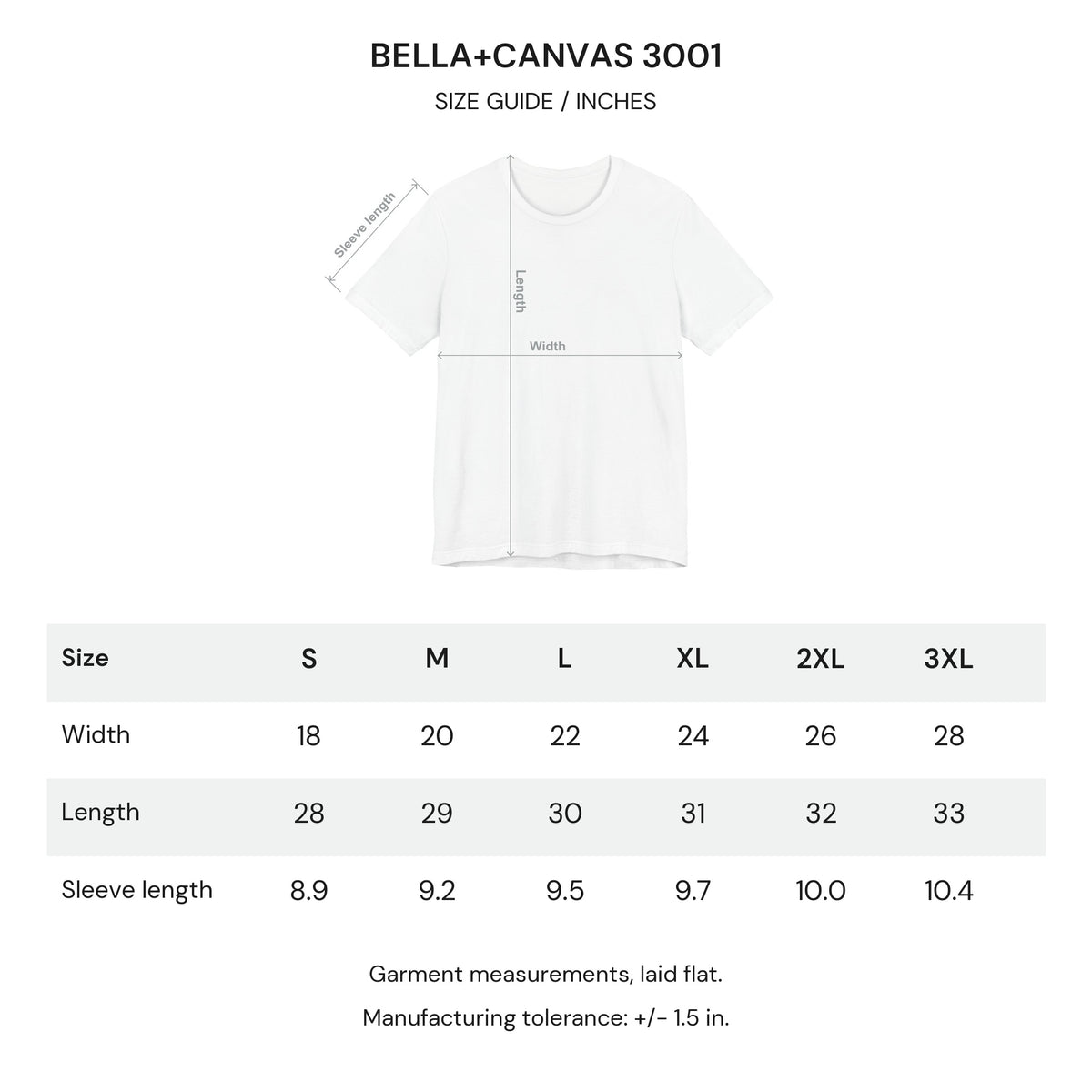 Bella+Canvas 3001 size guide for S through 3XL, with garment width, length and sleeve length in inches and a 1.5-inch tolerance.
