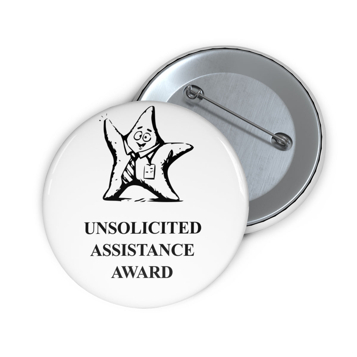 Oops Starfish award badge, front and reverse views of one 2.25-inch badge