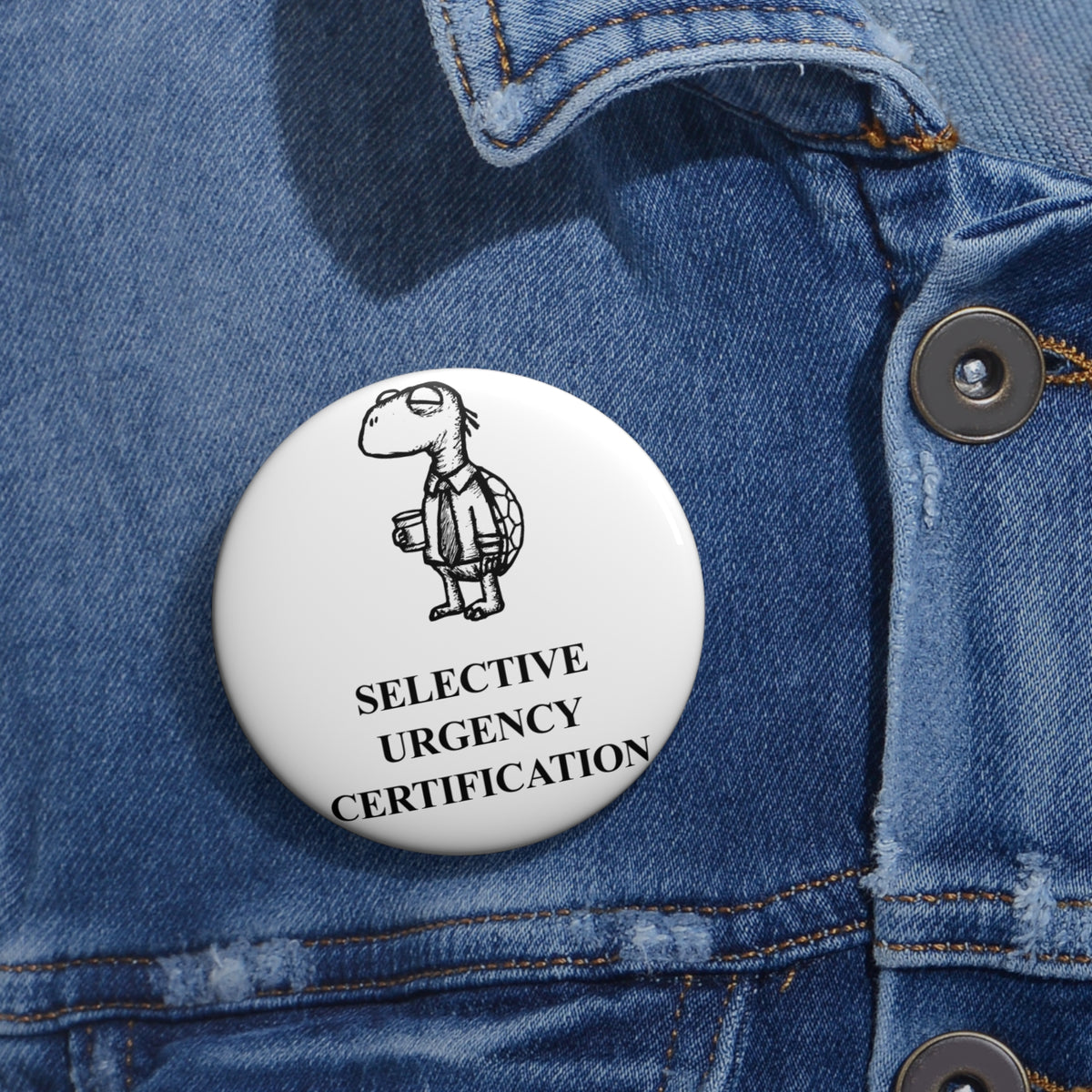 Selective Turtle award badge, one 2.25-inch badge shown on denim