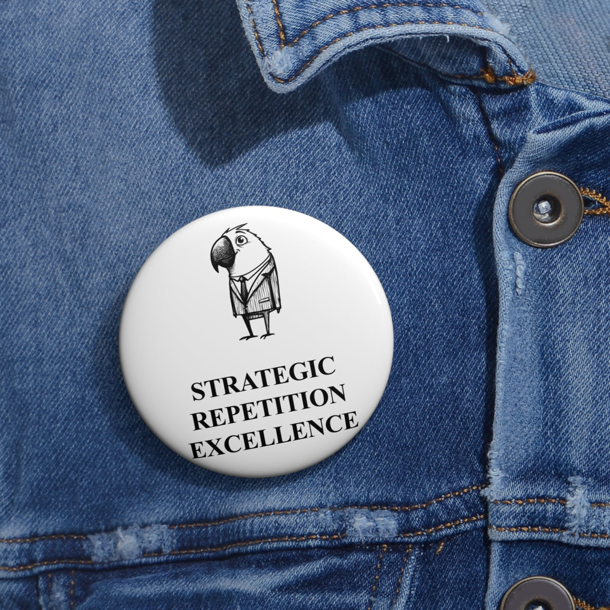 Copycat Parrot award badge, one 2.25-inch badge shown on denim