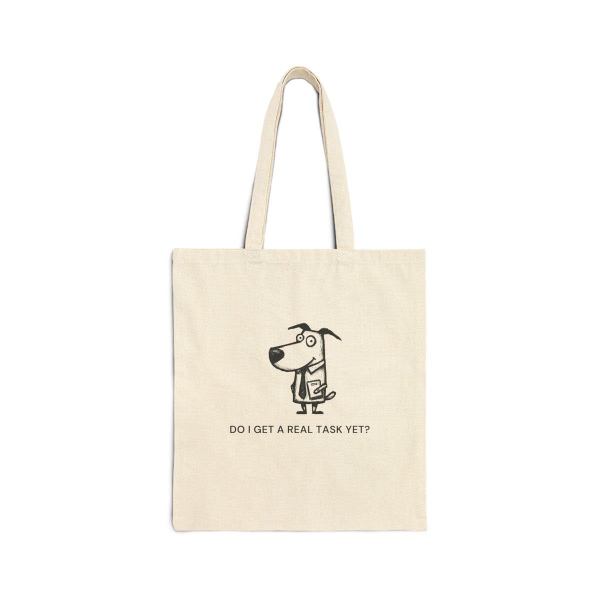 Puppy Intern natural canvas tote, front print on the bag