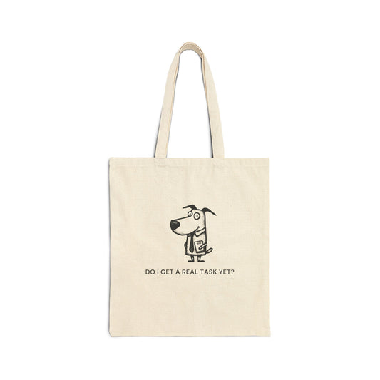 Puppy Intern natural canvas tote, front print on the bag