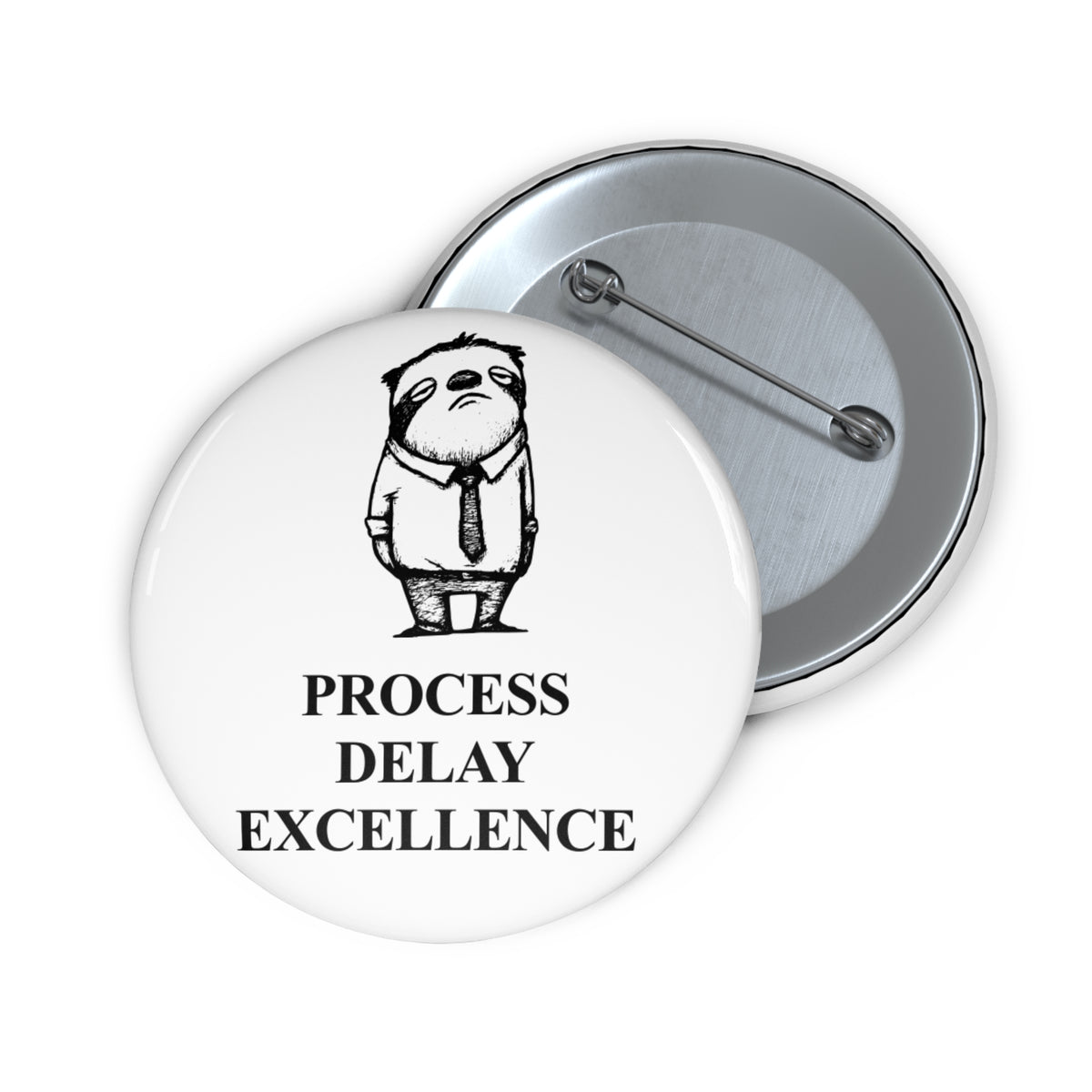 Approval Sloth award badge, front and reverse views of one 2.25-inch badge