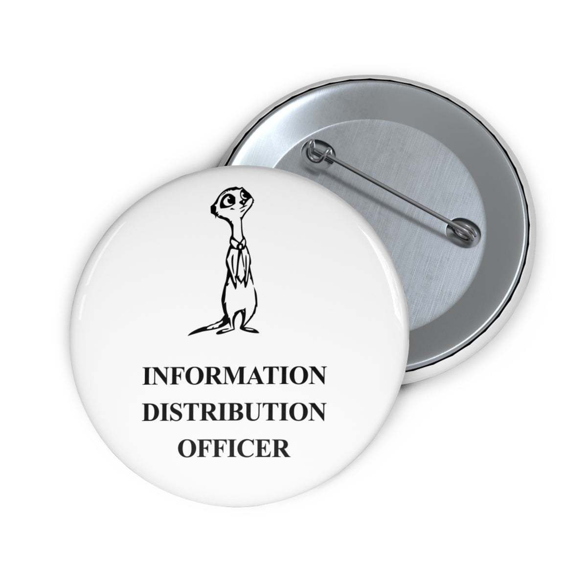 Gossipy Meerkat award badge, front and reverse views of one 2.25-inch badge