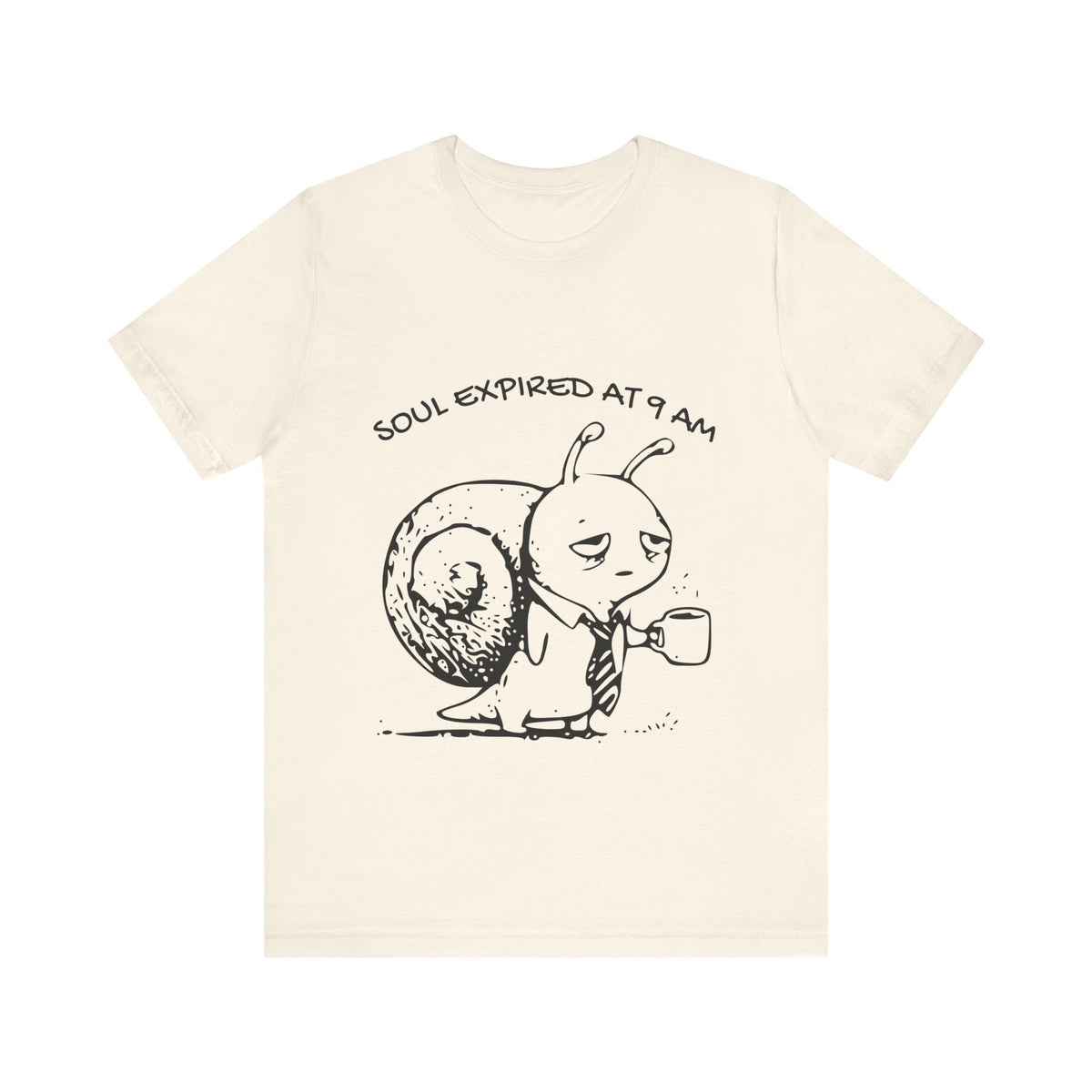 Natural Bella+Canvas 3001 T-shirt, full front view with the approved black Soul Expired at 9 AM Snail graphic.