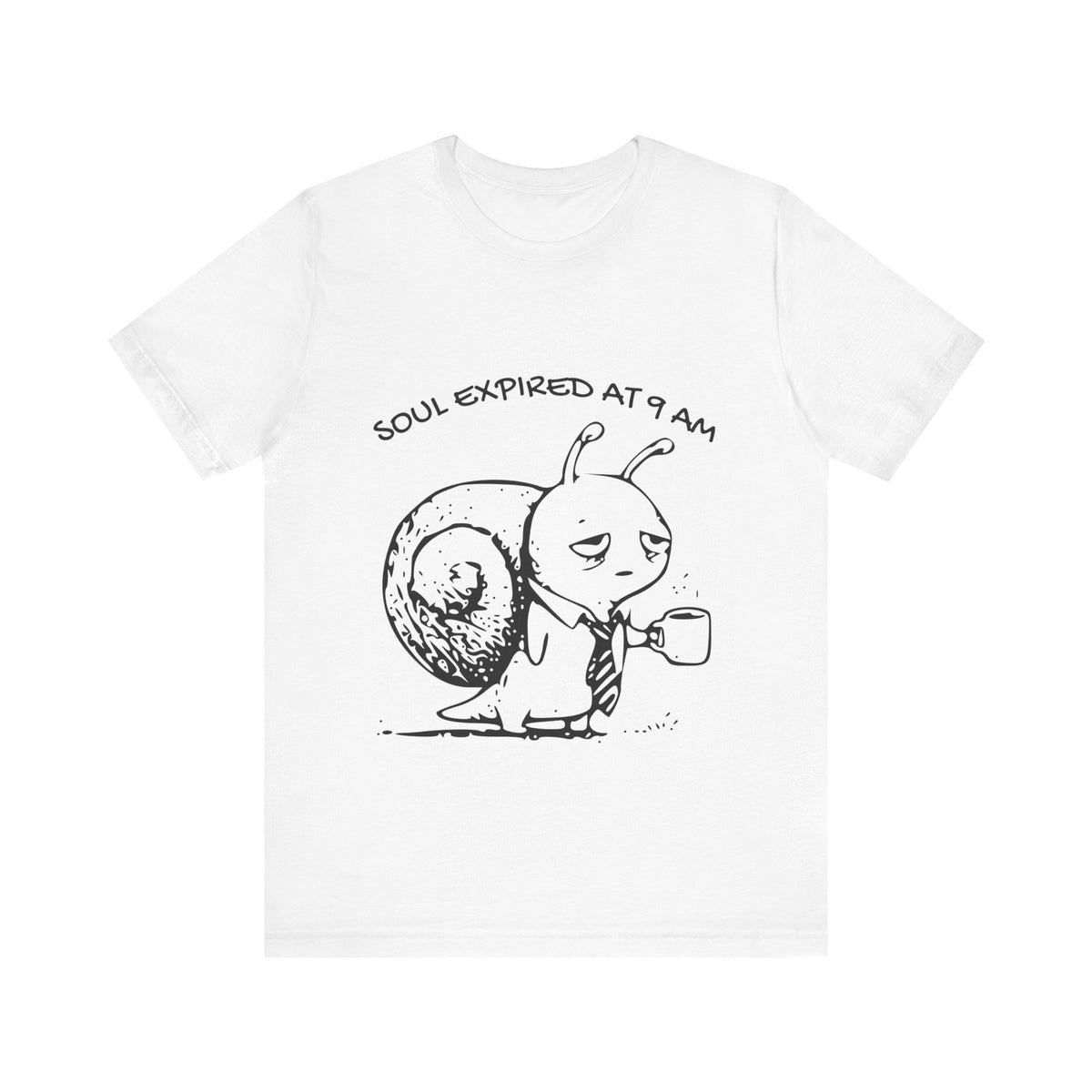 White Bella+Canvas 3001 T-shirt, full front view with the approved black Soul Expired at 9 AM Snail graphic.