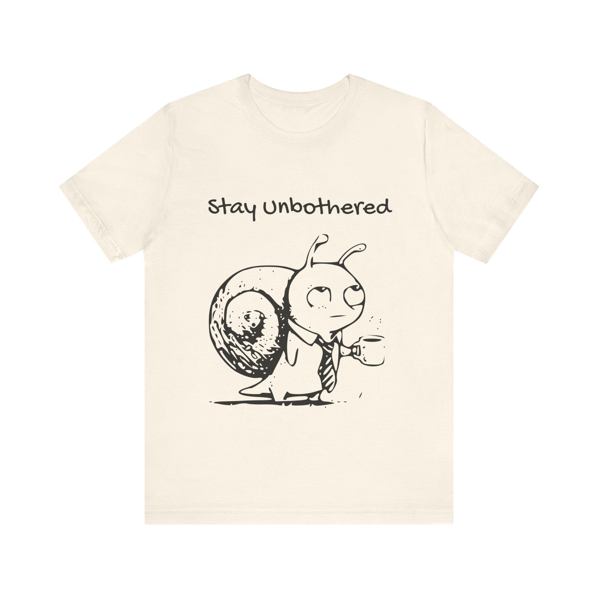 Natural Bella+Canvas 3001 T-shirt, full front view with the approved black Stay Unbothered Snail graphic.