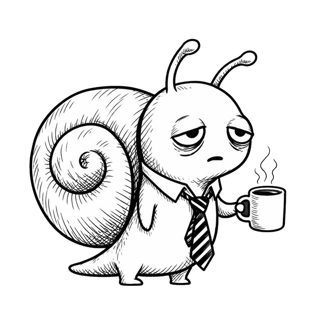 Corporate Snail, quietly holding a coffee at the laboratory desk